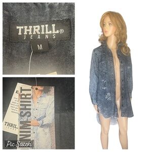Thrill Jeans Hi Low Denim 
Shirt Women Dark Gray Acid
Wash Destroyed size M